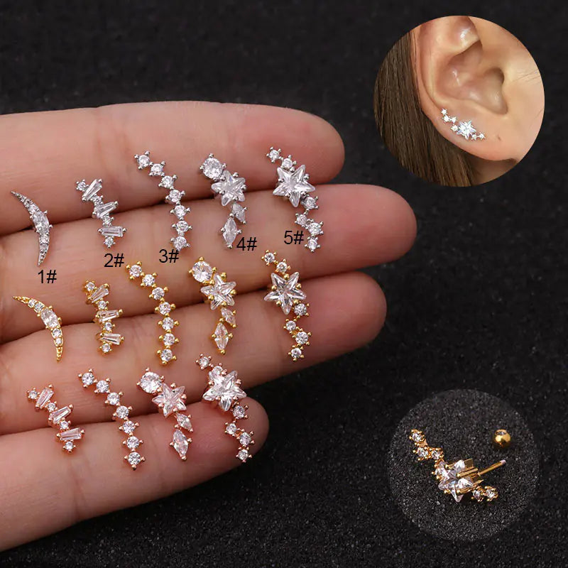 Stainless Steel Star Zirconia Screw Earrings (Pierced)